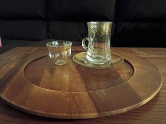 Glass Tea Cups with Gold Arabesque Pattern with a wooden tray