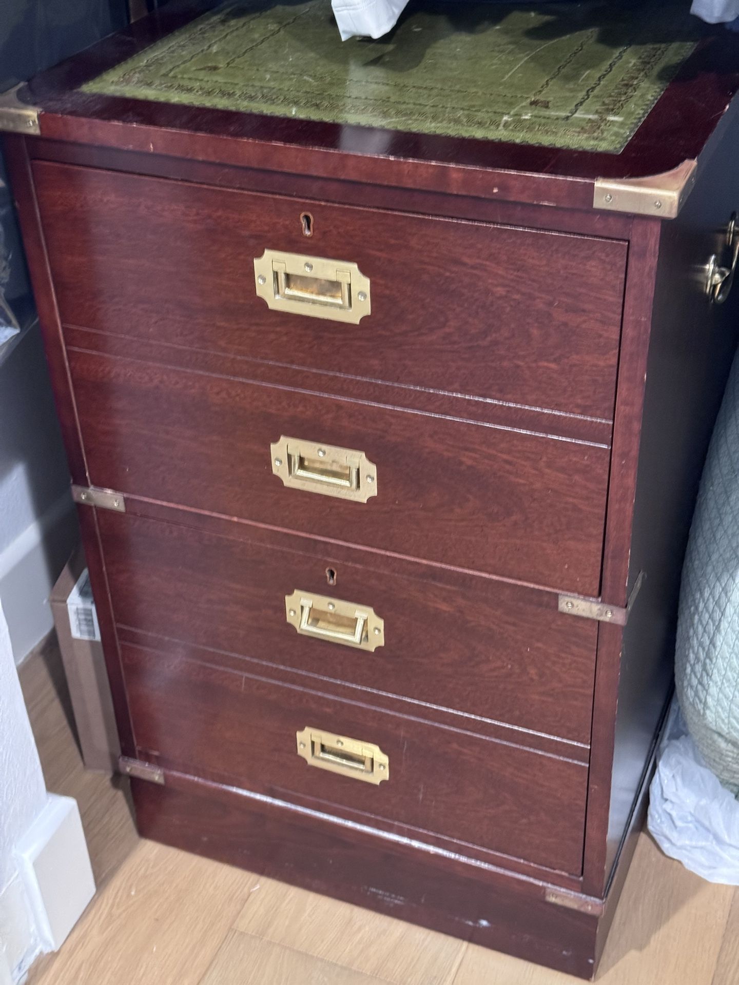 Campaign Style Desk, Filing Cabinet & Library Hutch – Timeless Vintage Set