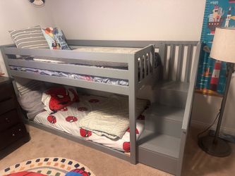 Twin Over Twin Solid Wood Low Bunk Bed with Stairs