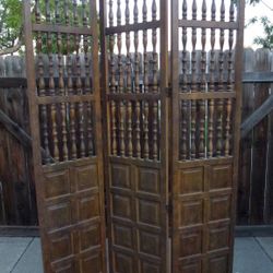 Vintage wood Hand Carved Spanish Colonial Style 3 Folding Panel High Room Divider 