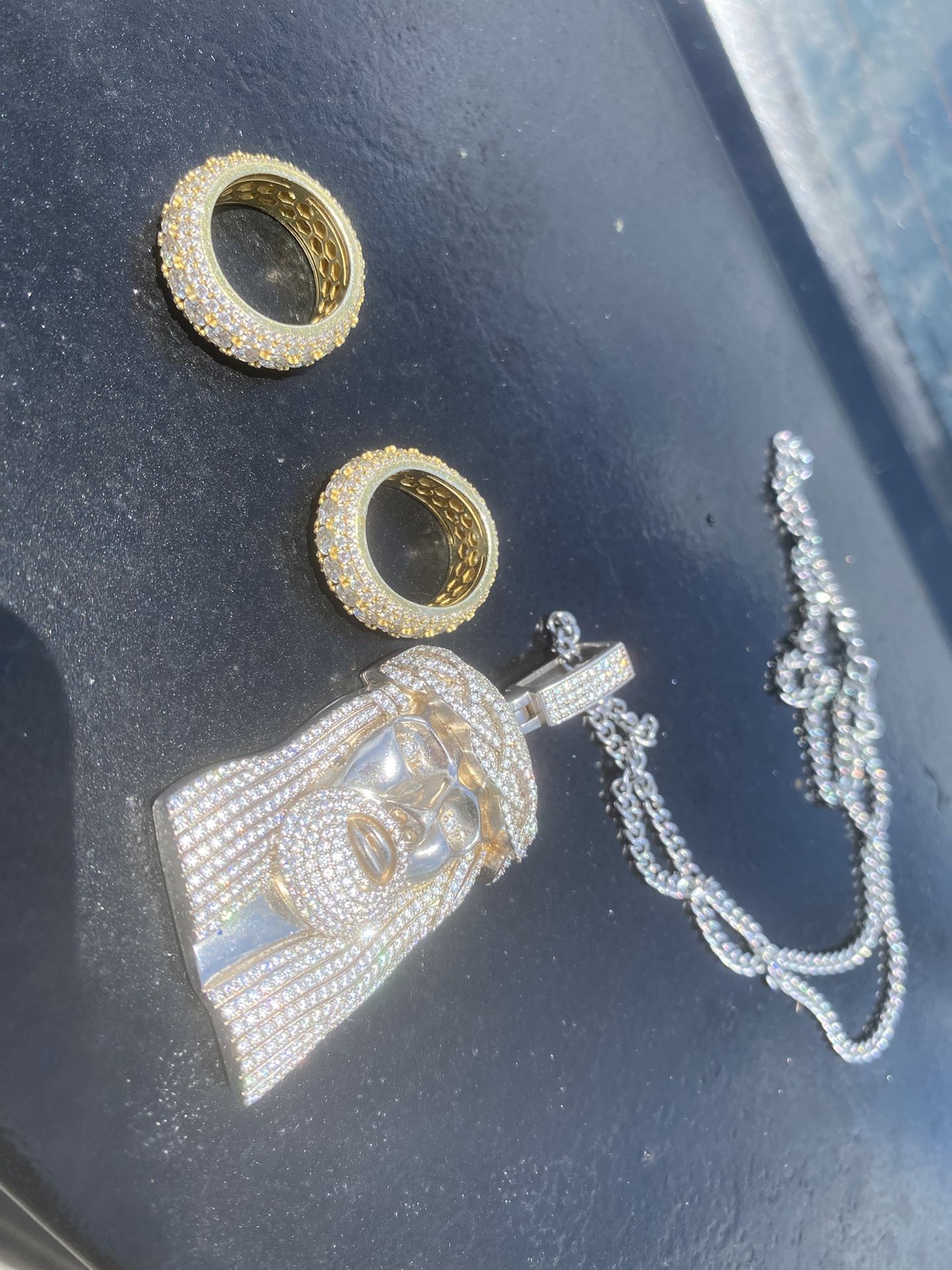 PASSING TESTER ✅ Jesus Moissanite Pendant w/ Rope Chain + 2 Rings (Size 7 Ring) 