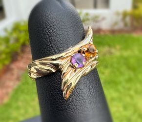 Jewelry 14k solid yellow gold wing orange and purple stones 0.60CTW ring size 5.50