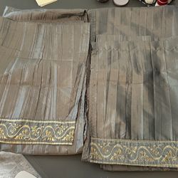 Curtain Panels Attached Valance; Shimmery Silver/Gray With Gold Flower Border On Valance; 82”x 52”