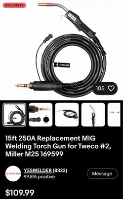 15ft 250A Replacement MIG Welding Torch Gun for Tweco #2, Miller M25 169599