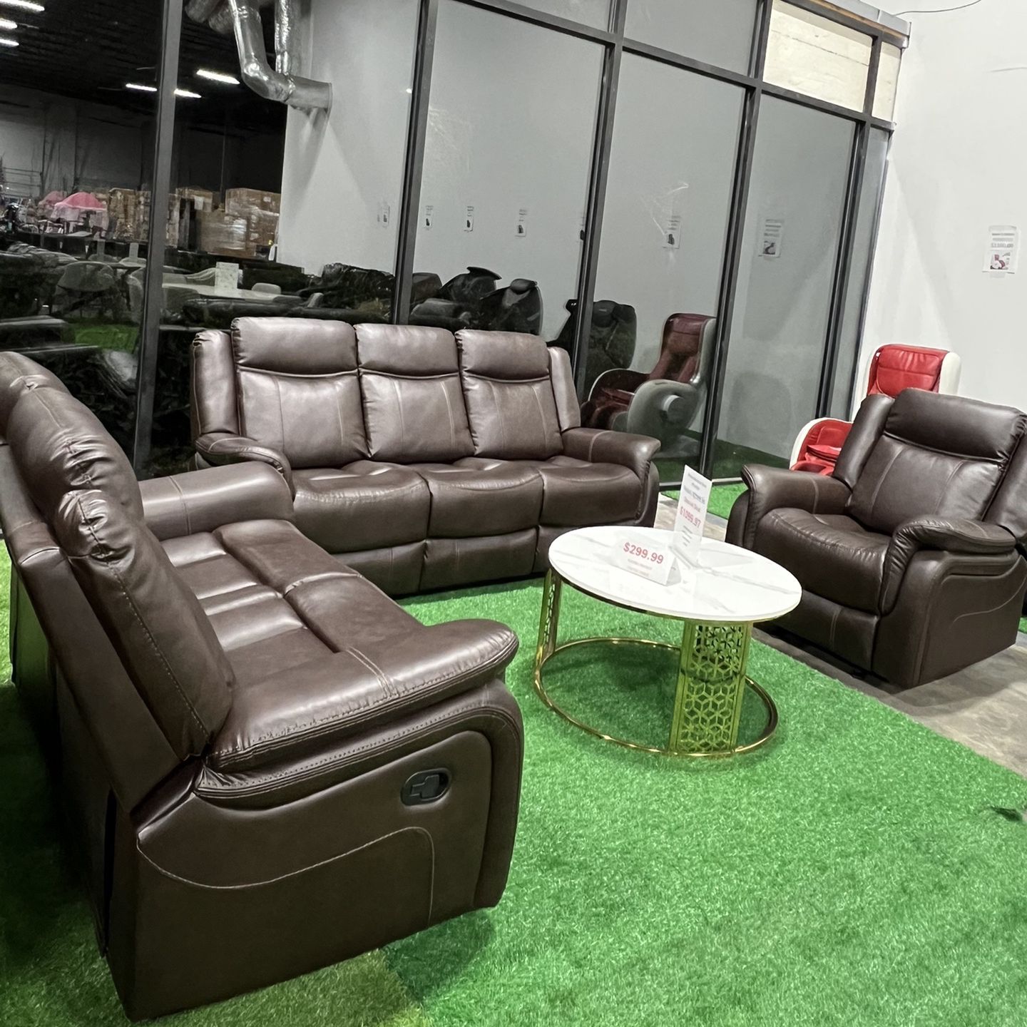 Recliner Leather Sofa 3 Pcs Set / Juego de sofá reclinable de cuero de 3 piezas