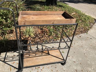 Bar Cart On Wheels With Wine Bottle Storage And Wine Glass Slots Wood Top And Bottom Shelf