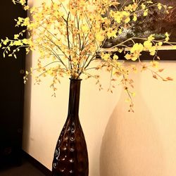Brown Glass Long Vase With Spring Flowers And Stand 