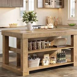 New assembled JW1105AB Kitchen Island with 3 Shelves, 55 Inches Width Kitchen Shelf with Large Worktop, Stable Wooden Structure, Farmhouse Style, Easy