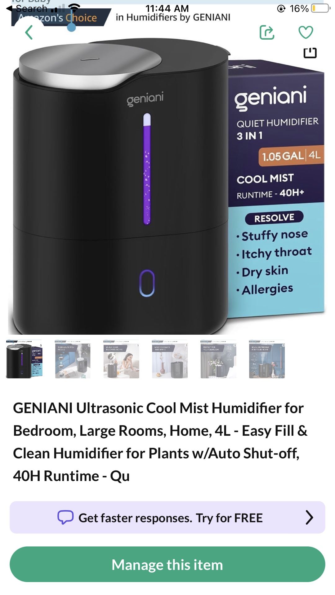GENIANI Ultrasonic Cool Mist Humidifier for Bedroom, Large Rooms, Home, 4L - Easy Fill & Clean Humidifier for Plants w/Auto Shut-off, 40H Runtime