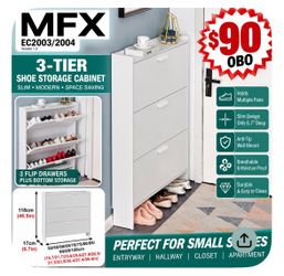 MFX White Shoe Storage Organizer, Slim Entryway Shoe Cabinet with 3 Flip Drawers for Space-Saving in Hallway and Living Room