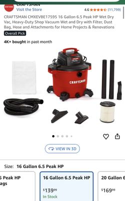 CRAFTSMAN® Corded 16-Gallon 6.5 Peak HP Electric Heavy-Duty Wet/Dry Shop Vac with Accessories