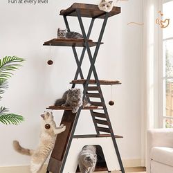 72.4" Modern Cat Tower for Indoor Cats - Multi-Level Condo With Caves, Tall Tree With Scratching Board, Wooden Tower With Large Perch, Removable Pads,