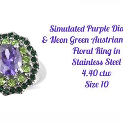 Simulated Purple Diamond & Green Crystal Ring, Stainless Steel, Szs. 7 & 10