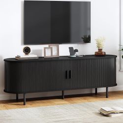 New 63" TV Stand with Power Outlet, Modern Media Console with Sliding Doors, Entertainment Center for TVs up to 60 Inch, Adjustable Shelves, Black