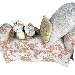 Floral skirted upholstered cottagecore end of bed bench, pink, yellow