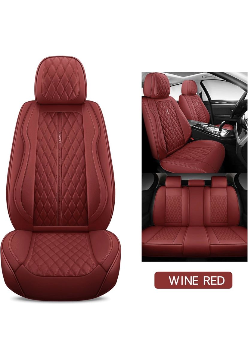 Full Coverage Leather Car Seat Covers Full Set Fit for Cars Trucks Sedans with Waterproof Leatherette in Automotive Seat Cover Accessories (Wine Red.,