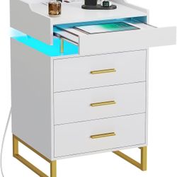 White Nightstand with Charger and LED Lights