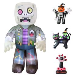 LANGXUN 8ft Pixel Zombie Halloween Inflatable, LED Cute skeleton ghost giant blow up yard decor with lights for lawn garden patio party display