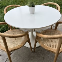 New New!!! Mid Century Dining Room White Round Table And 4 New  Cura Home Rattan Dining Chairs Included New Conditions 