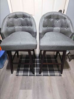 Set of 2 Gray Tufted Bar Stools w/ Backrest & Nailhead Trim