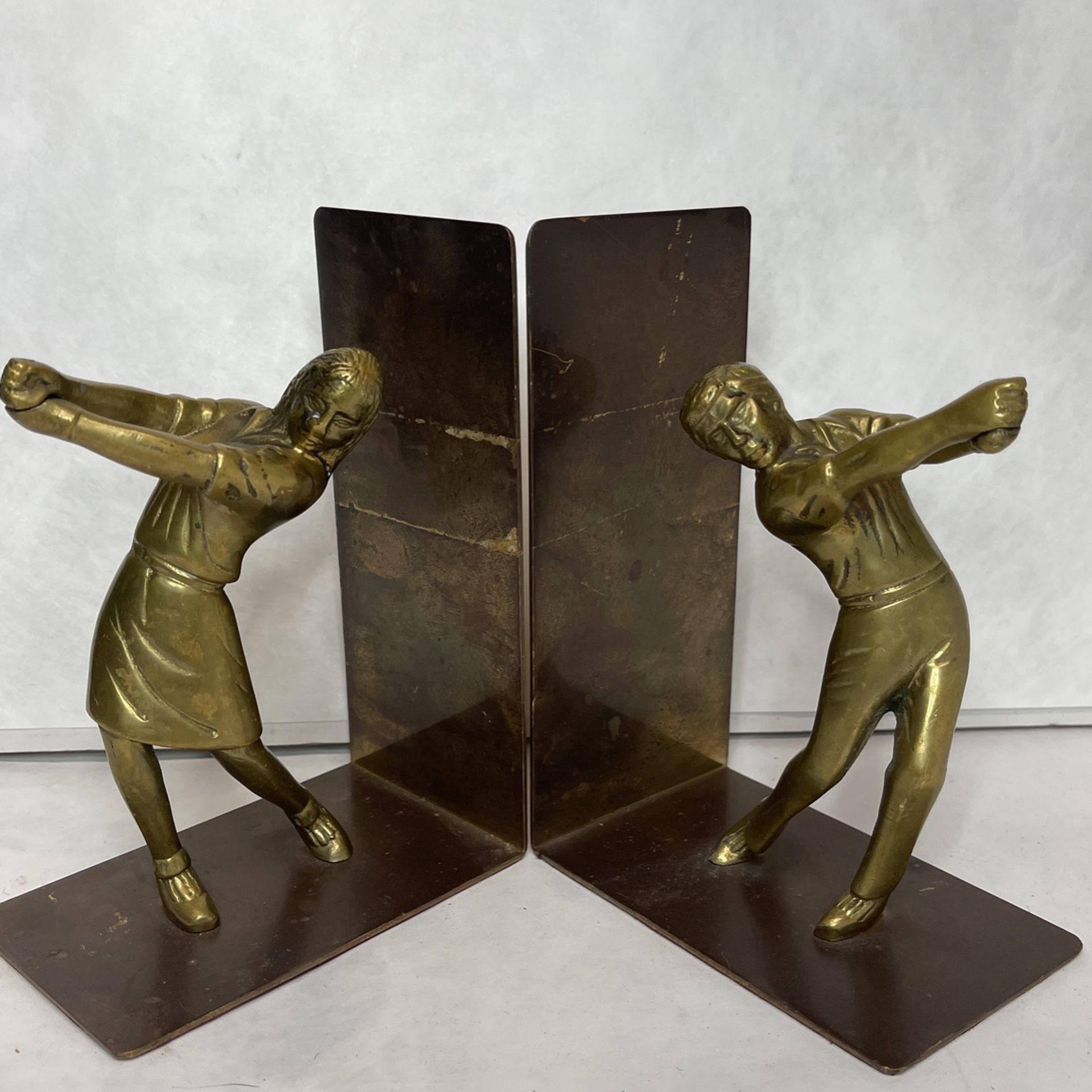 Vintage Solid Brass Female &Male Golfers Bookends 