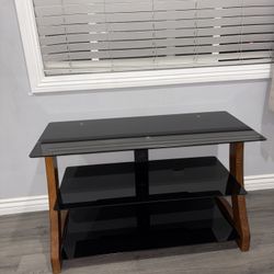 Modern Glass TV Stand / Entertainment Center – Wood & Black Glass