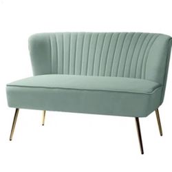 Sage Velvet Loveseat with Gold Legs – Excellent Condition