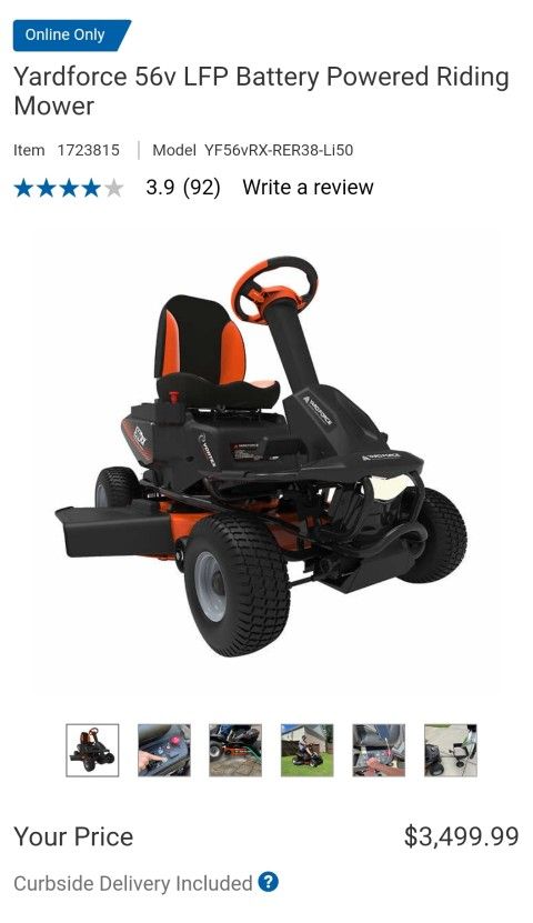 Yardforce 56v LFP Battery Powered Riding Mower $2,800
