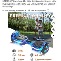SIMATE 6.5" Hoverboard for Kids, Self Balancing Scooter with Music Speaker and Colorful LED Lights, 7.5mph Max Speed, 8 Miles Range