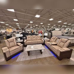 Leather Power recliner sofa loveseat and chair with LED and BT speakers