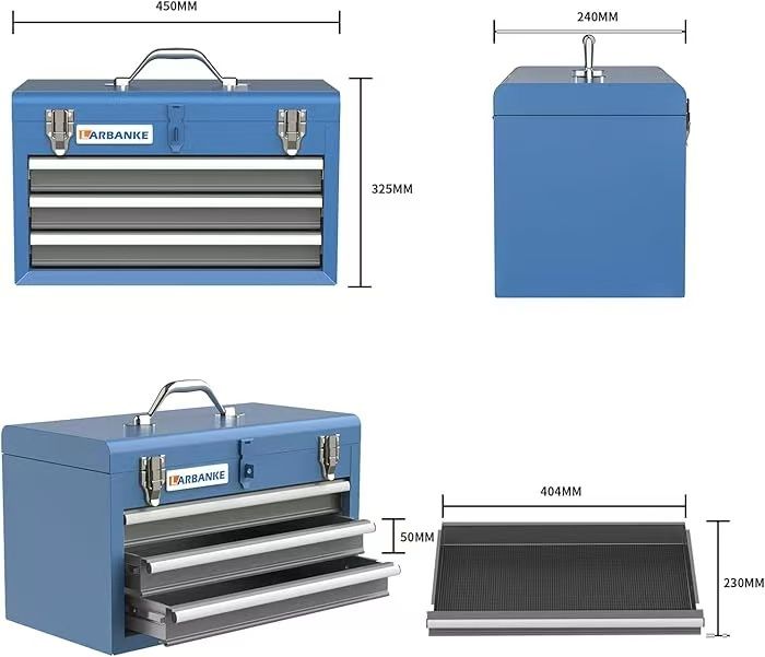 🥨LARBANKE Portable Tool Box with 3 Drawers and Top Storage Tray, Lockable Metal Tool Chest, for Garage, Warehouse, Repair Shop and Home, Blue