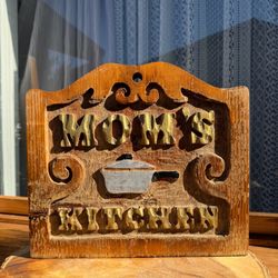 Vintage Hand-Carved Wooden Mom's Kitchen Sign