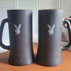 Vtg Playboy Bunny Matte Black Glass Beer  Mug  - Set of 2