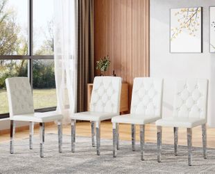 New assembled Gray Dining Chairs Set of 4, Faux Leather, Silver Metal Legs Button-Tufted Upholstered Parsons Chairs with Padded Seats for Dining Room,