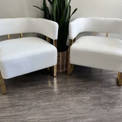 Boucle Accent Chairs Set of 2, Modern Upholstered Barrel Chairs with Metal Legs, Comfy Club Chair Single Corner Sofa Armchair for Bedroom Reception, W