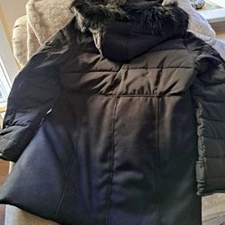 Nicole Miller Ladies Black Winter Coat Removable Faux Fur Hood was 200.00. bought coat at JC Penney never used it. Really warm. Zipper and snap close 