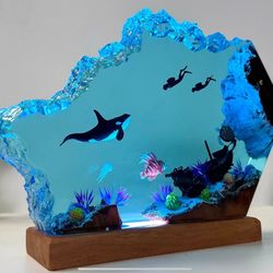 Resin Art Underwater Sculpture Orca, Scuba Diver, Jellyfish, SHAMU killer Whale LED