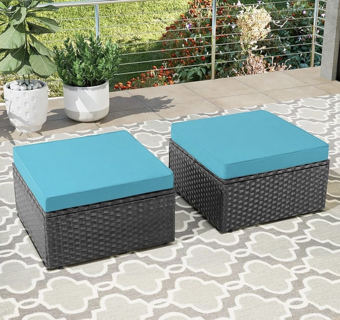 Turquoise Rattan Ottoman Set of 2