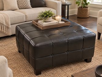 Large Square Tufted Leather Ottoman
