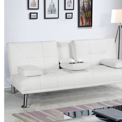 Futon, Sofa, Faux leather, White, Guest Bed