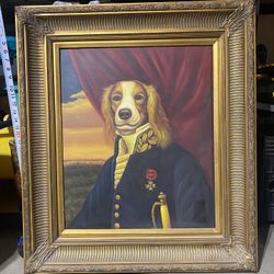 Vintage Military Dog Painting Gold Frame 