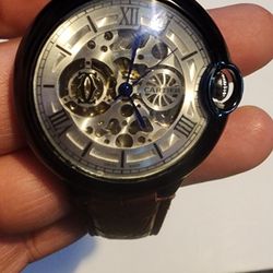 CARTIER Paris 1970 Automatic Large Ceinture Wristwatch In  Silver And Genuine Brown Leather.