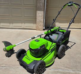 Greenwork Self-propelled Electric Lawnmower And Weedeater With Batteries And Charger