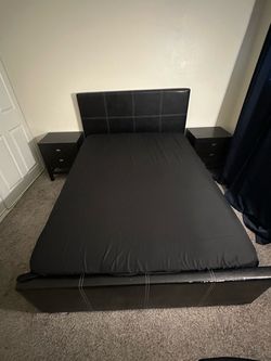 Black Faux Leather Bed Frame with Nightstands