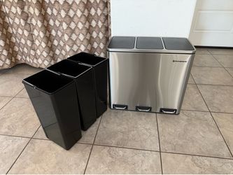 SONGMICS Trash Can, 3 X 4.8 Gallon Garbage Can, 14.4 Gallon Recycle Bin With Soft-Close Lids, Pedals, And Inner Buckets For Kitchen, Stainless Steel,