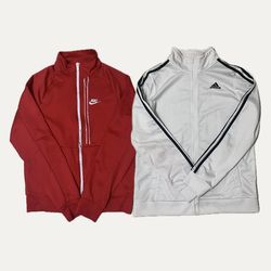 Red Nike and white adidas fleece size Small