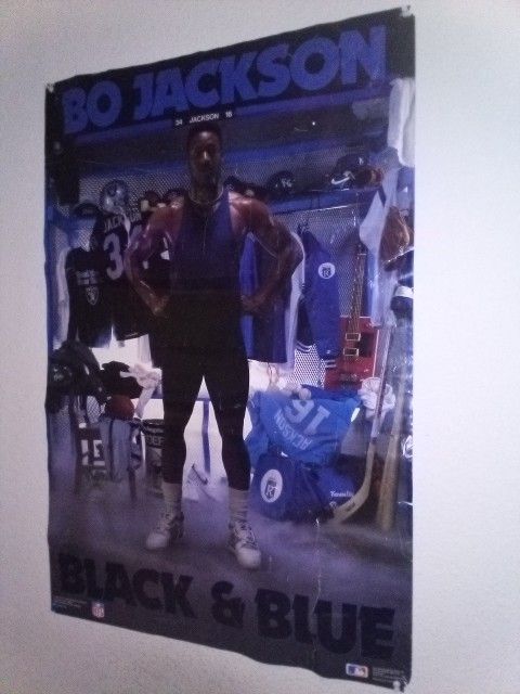 RARE BO JACKSON 1989 Black & BLUE POSTER Vintage 24" X 36" Original NFL MLB Dodgers Raiders Retro Cards Sports Baseball