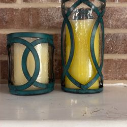 Set Of 2 Candle Holders Teal Metal