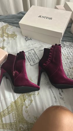 JustFab Burgundy Velvet Heeled Ankle Boots