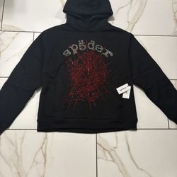 Black with red rhinestones Sp5der hoodie